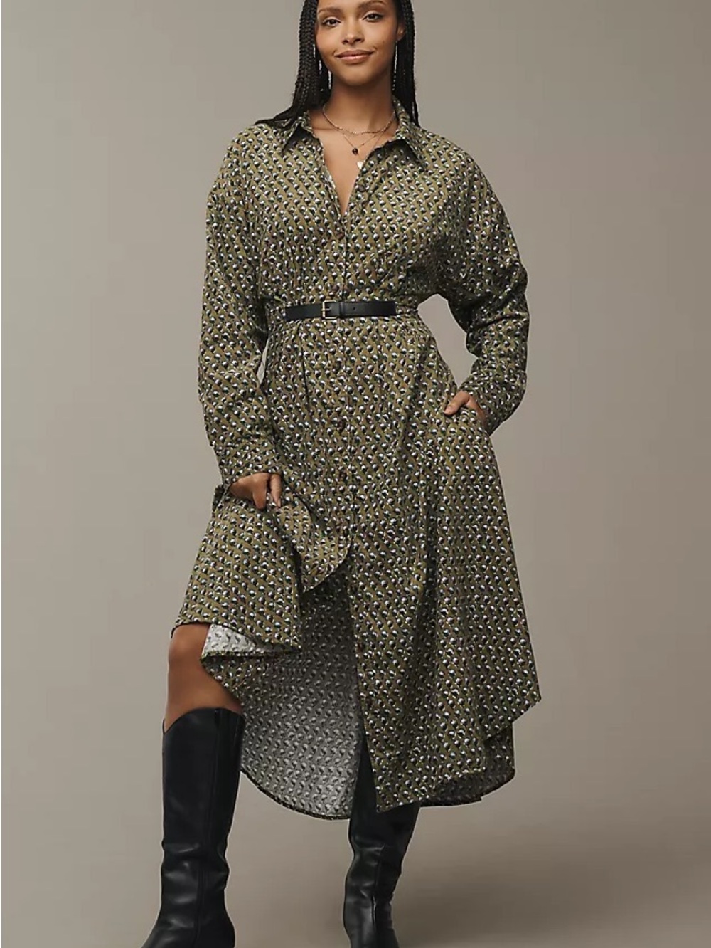 Anthropologie Corduroy Floral Button-Front Midi Shirt Dress Green Size 14 / XL